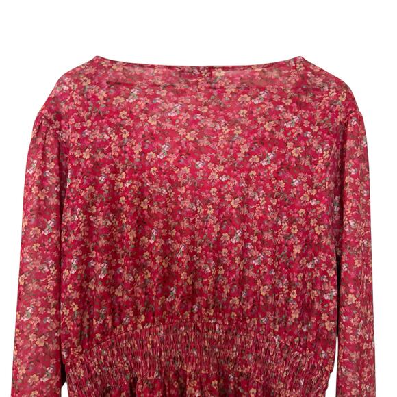 Lane Bryant Red Pink Floral V neck Peplum Quarter Sleeve Sheer Blouse Size 22/24 - Picture 6 of 8